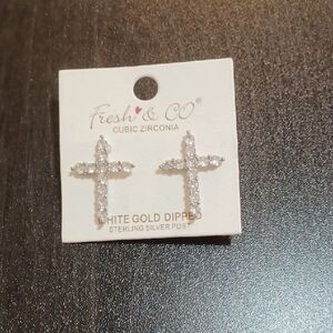 White Gold Dipped Cross Earrings